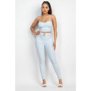 2 Pc Houndstooth Bustier Crop Top & Belted Pants Set in Blue